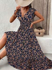 大码女式春夏印花V领A字荷叶袖连衣裙，度假风优雅 - 藏蓝色 - 查看 3