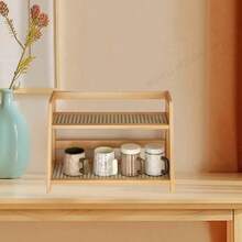 Estantería de almacenamiento tejida en ratán color crema, organizador de escritorio de 2 niveles para tazas, menaje de cocina, dormitorio - Multicolor - Ver 2