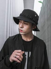 Sombrero de cubo negro de moda urbana techwear para hombre con cuerdas ajustables - Negro - Ver 8