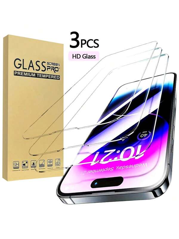 3 Packs Tempered Glass Screen Protector For IPhone 17/17 Pro/17 Pro Max/17 Air, 16, 15 Pro, 14 Pro, 13, 12, 11 Pro Max, 14, 15 Plus, 16 Pro Max - HD Clear, Anti-Fingerprint, 1080P Clarity, Reinforced Edges, Impact Resistant, 200% Hardness, Phone Accessories