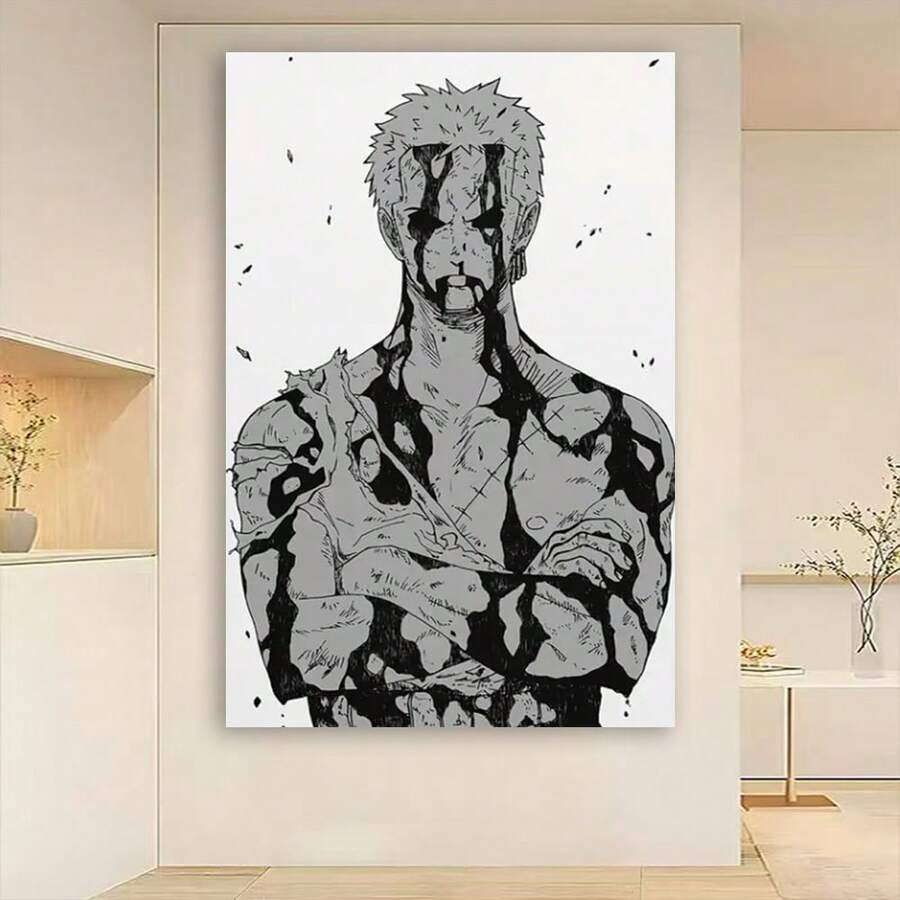 Framed [2D Flat] 1pc Vintage Anime Canvas Wall Art Poster,Zoro Manga Character, Black & White, Ideal For Home, Office, Cafe, Hotel Decor, Cafe Decoration | Anime Character Poster | Detailed Character Design, Anime Room Decor - Framed - View 1