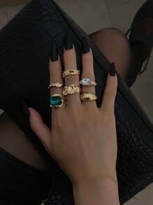 6 Stücke/Set Vintage funkelnder Kristall asymmetrischer Metallring Set, luxuriöses Schmuckgeschenk für Urlaub, Party, Frauen, Paar, Hochzeit, vielseitig einsetzbar