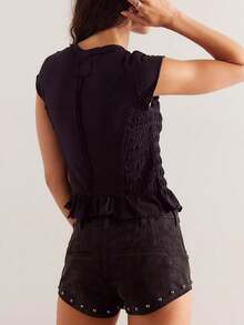 Women Y2K Smocked Shirt Top Summer Cap Sleeve Slim Fit Ruffle Hem Shirred T Shirts Ruched Frill Crop Tank Tops Summer Going Out Tops Tees Streetwear - 黑色 - 查看 2