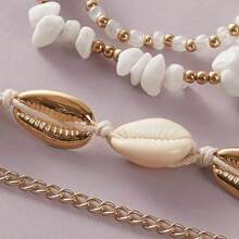Set de tobillera de cadena con piedras trituradas de verano para mujer, pulsera para el tobillo con dije de concha estilo bohemio, joyería hecha a mano de color dorado con cuentas y lentejuelas, accesorio de playa para pies descalzos