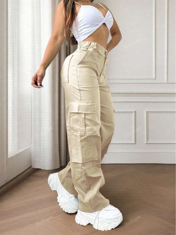 Pantalones largos de unicolor con múltiples bolsillos, botones, estilo casual y sencillo Y2K, apropiados para ir y venir, escuela, clubes, fiestas de cumpleaños, Halloween, conciertos, gimnasio, negocios, uso diario en el aeropuerto, uso en la calle, para maestros, primavera, verano, otoño e invierno