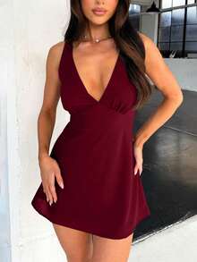 Jednolity kolor Elegancka swobodna szyfonowa sukienka midi z zamkiem błyskawicznym i falbanką na biuście, odpowiednia na plażę, wiosnę i lato