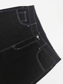 男士水洗黑色轮廓先锋嘻哈街头宽松骷髅刺绣牛仔短裤，春夏季百搭，Emo 风格 - 黑色 - 查看 8