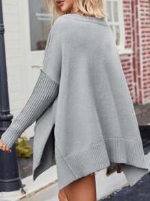 Women Solid Color Casual Split Side Loose Sweater