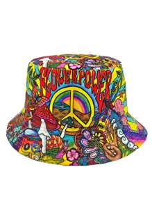 Casual Summer "Peace Love" Print Vacation Bucket Hat, Unisex Boho Style Reversible Sun Protection Bucket Hat