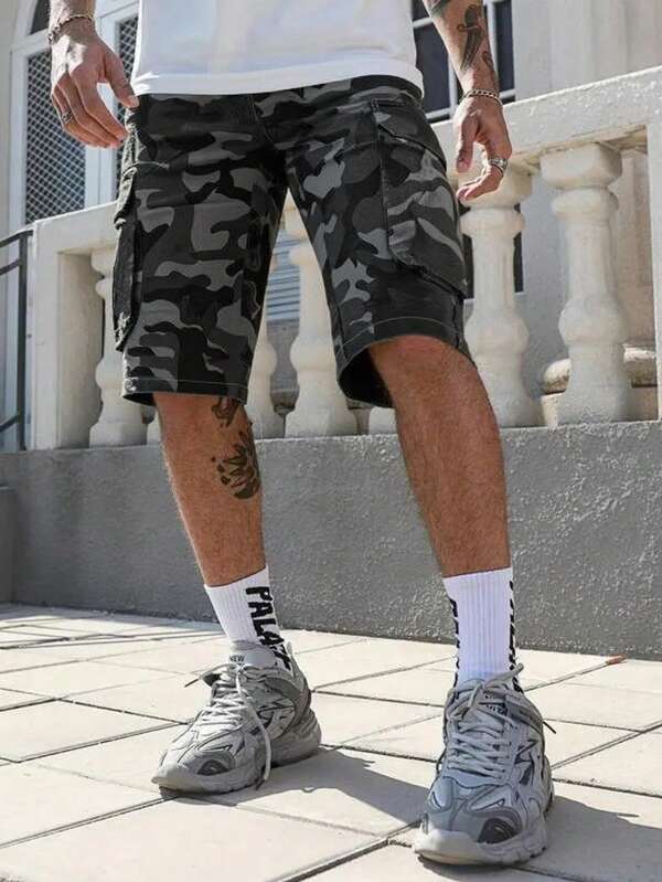 Men's Casual Summer Streetwear Camouflage Multi-Pocket Cargo Shorts,Outdoor Fashion Tactical Shorts,Men's Camo Print Flap Pocket Cargo Shorts Men Camo Shorts Camo Cargo Shorts Men
