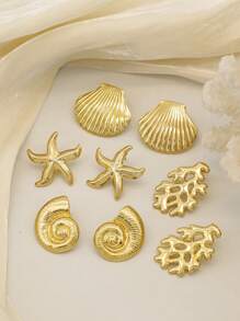 8 Pcs Women's Fashion Elegant Gold Acero Inoxidable Earring Set, Featuring Jewelry Elements Of Starfish, Shells, Seashells, And Coral, Hypoallergenic, Colorfast, Suitable For Daily Wear, Graduation Season Gift