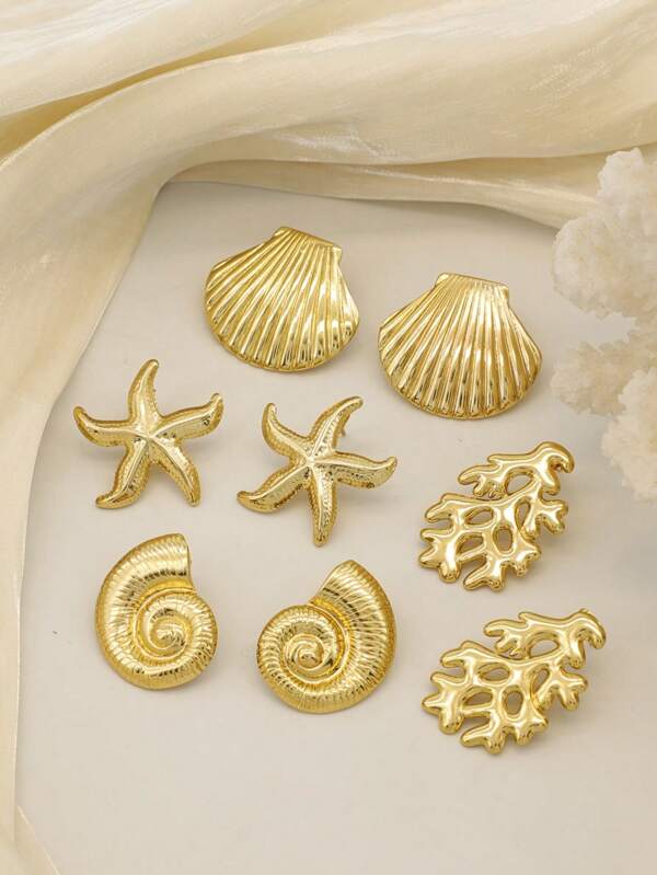 8 Pcs Women's Fashion Elegant Gold Acero Inoxidable Earring Set, Featuring Jewelry Elements Of Starfish, Shells, Seashells, And Coral, Hypoallergenic, Colorfast, Suitable For Daily Wear, Graduation Season Gift