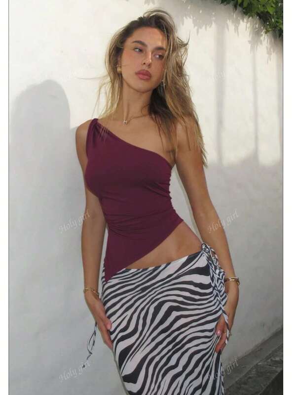 1pc Solid Color Asymmetric/Asymmetrical Ruffle Hem Sleeveless Camisole, Sexy For Date Night, Holidays, Everyday Wear, Summer