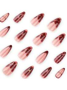 24 PIEZAS Uñas postizas de almendra con flores de color rojo vino para arte de uñas, suministros