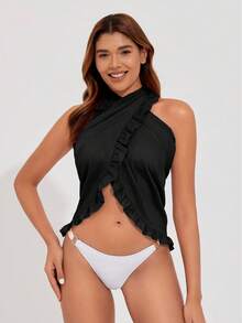 女士沙滩短款罩裙，透明比基尼裹裙，荷叶边下摆，泳装罩衫，连衣裙 - 款式 - 查看 3