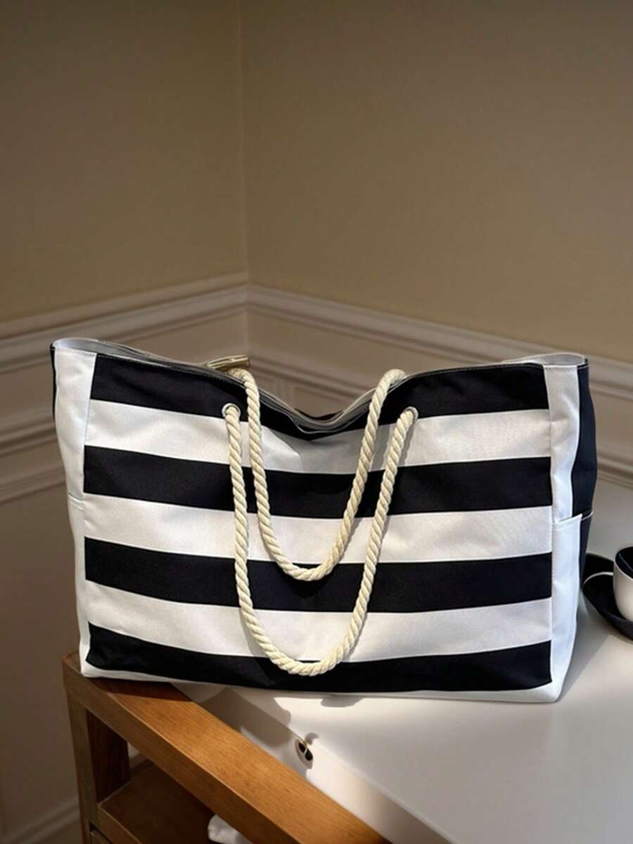 Women's Large Waterproof Beach Tote Bag With Zipper And Waterproof & Sandproof Design For Swimming Pool,Random Pattern,School Bag,Portable,Large Capacity,For Teen Girls Women College Students,College,Middle School,High School,Outdoors,Travel,Outings,Work,Business,Commute,Holiday,Shopping - Black - View 1