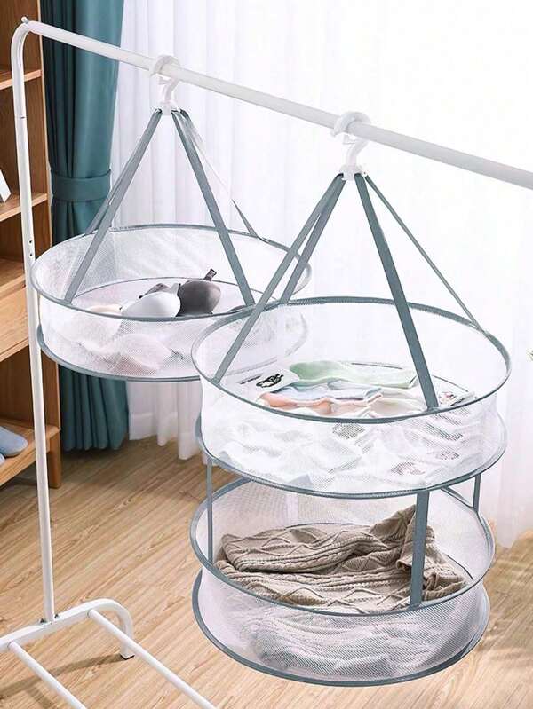 1pc Double-Layer, Multi-Specification Edging, Foldable, Windproof Drying Basket, Specially Used For Drying Socks, Sweaters, Mesh Laundry Basket, Can Be Laid Flat To Prevent Deformation, Breathable Flat Mesh Bag With Hook, Portable, Foldable, Multi-Layer Hanging Clothes Rack.