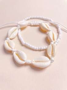 2 pezzi Cavigliere da spiaggia in stile bohémien con conchiglie e perline, catene per caviglia bianche regolabili fatte a mano con motivo a conchiglia, perfette per vacanze al mare, gioielli casual per il piede