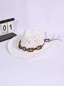 1 buc. Pălărie Panama din paie țesută manual pentru femei, pălărie de soare în stil cowboy cu bor larg, ideală pentru ținute casual, activități în aer liber, vacanță și camping