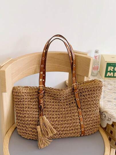 Fashion Large Capacity Woven Tassel Tote Bag, New Beach Vacation One Shoulder Underarm Straw Bag