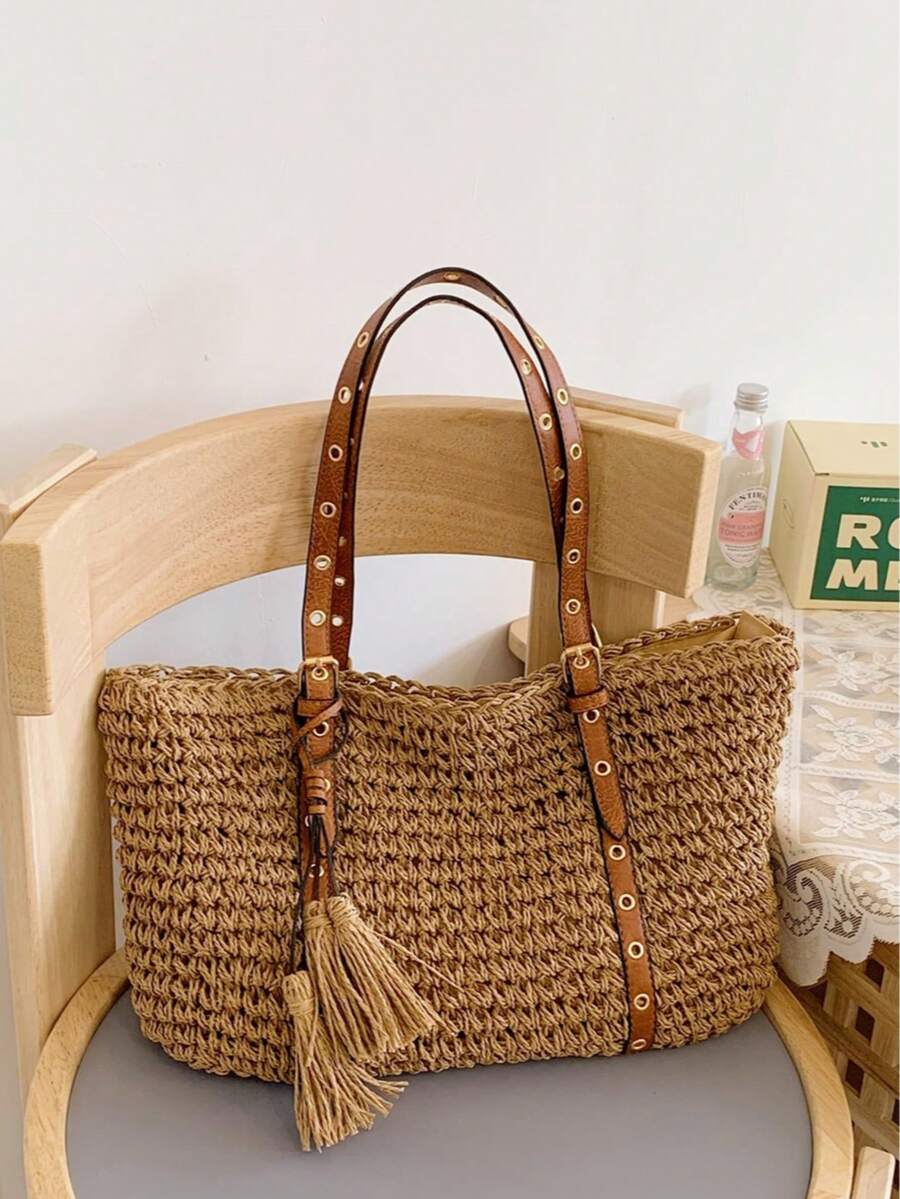 Fashion Large Capacity Woven Tassel Tote Bag, New Beach Vacation One Shoulder Underarm Straw Bag