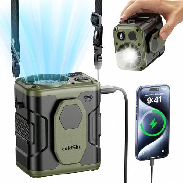 coldSky Ventilador portátil de cintura recargable de 10000mAh con clip, ventilador personal recargable para cintura/cuello con luz, 5 velocidades y flujo de aire fuerte para enfriar al aire libre, obras, campamento y viajes