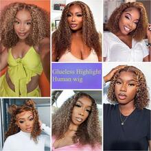 7x5 HD Lace Closure 4/27# Highlight Deep Wave Wig Human Hair Wigs For Black Women Glueless Curly Wigs Human Hair Pre Plucked Wear And Go Wigs 250 Density 14 Inch BOB Wig Human Hair - SP4/27 - 查看 9