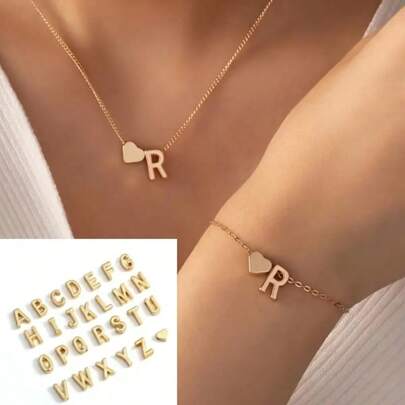 1 collier + 1 bracelet Ensemble de bijoux de style minimaliste pour femmes, design en forme de lettre et de cœur. Possibilité de choisir une lettre pour assortir avec les tenues quotidiennes et les accessoires de fête.