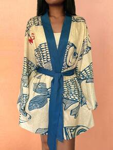 Starfish Bohemian Style Casual Vacation Beach Dress, Tropical Fish & Letter Print Long Sleeve Cardigan & Mini Skirt Brunch Outfit, Random Pattern, Each Piece Is Unique, Autumn/Winter - Apricot - View 4