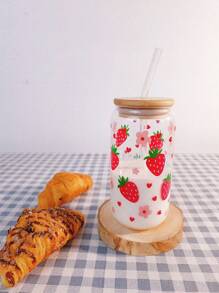 1 Pack, 500ml, Bowknot Pattern, Glass Iced Coffee Cup, With Bamboo Lid, Straw, Cute, Creative, Cold Drink Tumbler, Travel Mug, Christmas Gift, Office, Coffee Lover, Water Bottle, Milk Tea Cup, For Christmas Decorations, Party, Holiday