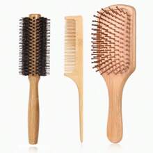 3 In 1 Bamboo Hair Brush Set - Natural Bamboo Comb Paddle Detangling Hairbrush, Tail Comb No Bristle & Round Brush With Boar Bristle & Nylon, Suit For Women Men, Thick/Thin/Curly/Dry Hair Gift Kit