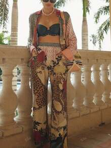 Women's Spring And Summer Thin Two Pieces Casual Leopard Print Long Sleeve Shirt And Pants Two Pieces Suit