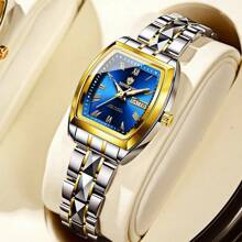 1 pieza Regalo Relojes de mujer de marca real BINBOND (Original) Correa de acero inoxidable antióxido plateado 50M resistente al agua Función de calendario semanal en inglés Manecillas luminosas Elegante azul y verde Regalo Pulsera delgada Importado de Japón Movimiento automático de cuarzo Regalo para hermana, madre, cumpleaños, boda