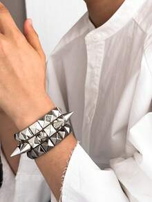 LADYCOCO 3pcs Punk Style Spiked Rivet Bracelet, Couple's Design, Silver Color Personalized Rivet Cuff, Suitable For Everyday, Party, Music Festival - 3-piece Set - View 2