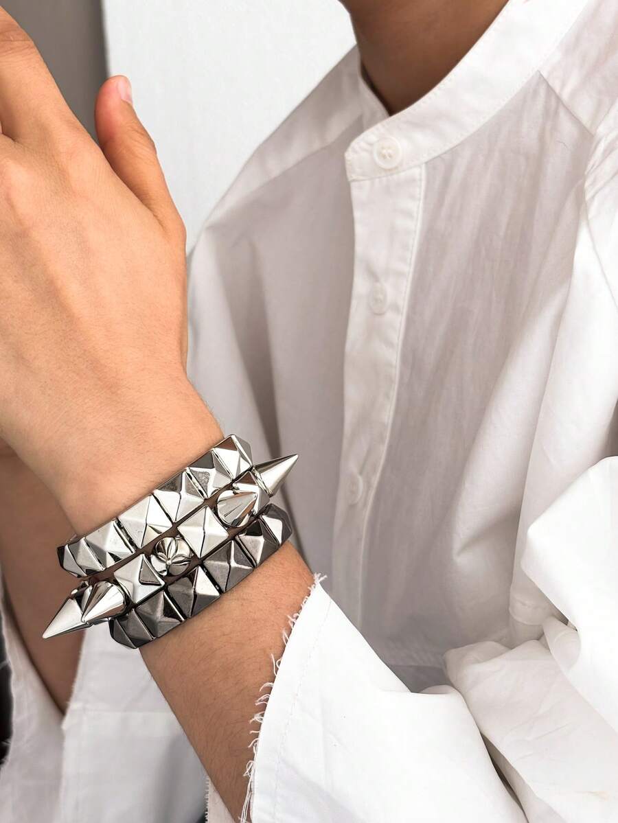 LADYCOCO 3pcs Punk Style Spiked Rivet Bracelet, Couple's Design, Silver Color Personalized Rivet Cuff, Suitable For Everyday, Party, Music Festival