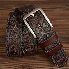 Men's Vintage Genuine Leather Belt, Metal Buckle - Intricate Floral Engraved Design, Suitable For Business And Casual Wear - Ideal Gift For Father Or Husband, Suitable For Summer, Campus, Business Occasions, Boyfriend, Husband, Father, Dad, Etc. - Multicolor - View 3