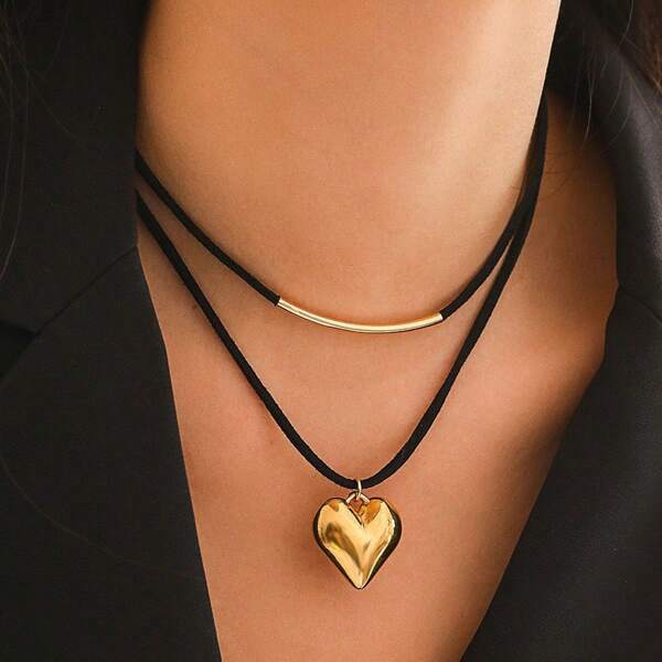 1pc Elegant Minimalist Black Rope Double-Layer Geometric Heart Pendant Necklace