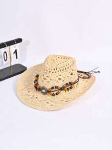1 buc. Pălărie Panama din paie țesută manual pentru femei, pălărie de soare în stil cowboy cu bor larg, ideală pentru ținute casual, activități în aer liber, vacanță și camping