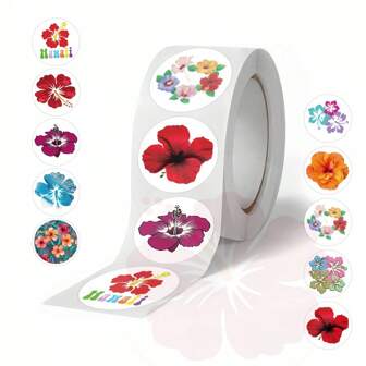 Rollo de 500 pegatinas con diseños de hibiscos de dibujos animados para decorar vasos, maletas, guitarras, fundas de teléfonos, bolsas de regalo y sellar. Útiles escolares, de vuelta a clases