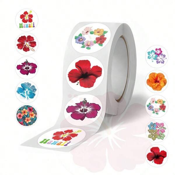 Rollo de 500 pegatinas con diseños de hibiscos de dibujos animados para decorar vasos, maletas, guitarras, fundas de teléfonos, bolsas de regalo y sellar. Útiles escolares, de vuelta a clases