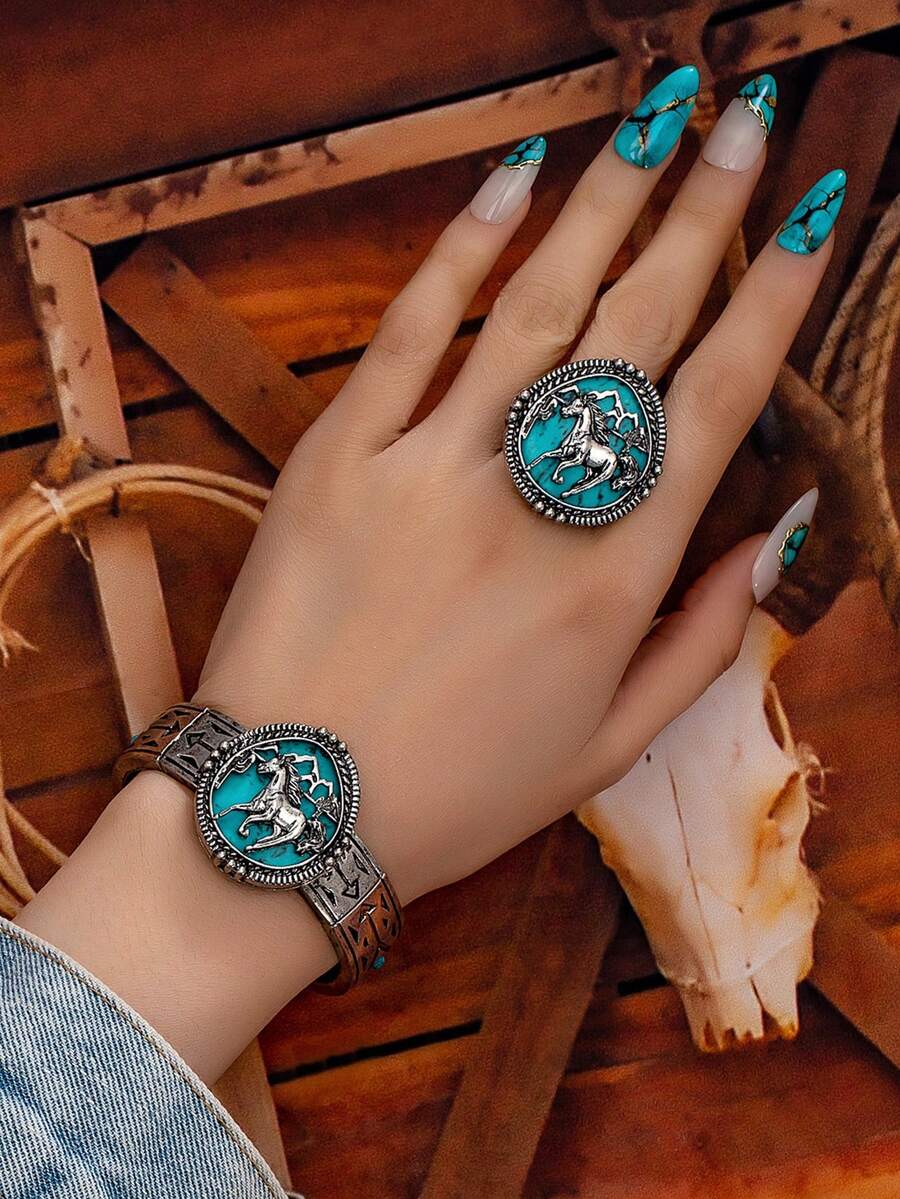 1 Bộ vòng tay trang trí bằng đá ngọc lam xanh thiết kế hình ngựa, Bộ vòng tay co giãn cổ điển dành cho nữ, Bộ trang sức phong cách Mỹ Trung Tây Texas phù hợp với trang phục cao bồi - Nhiều màu - Xem 1