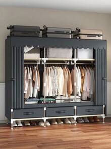 1pc Large Capacity Portable Wardrobe - Easy Assembly, Designed With Multiple Shelves And 3 Drawers, Separate Hanging Area, Storage Organizer Suitable For Home, Room, Apartment, Bedroom Closet Furniture - Multicolor - View 3