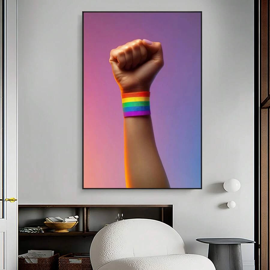 1 Piece, Pride Day, LGBT Artists Hold Rainbow Bracelets And Clench Their Fists Against Neutral Backgrounds, Modern Frameless Art Decoration Painting, Printed Posters Mural, Waterproof Canvas,Suitable For Home, Office, Bedroom, Living Room, Study, Bathroom, Bar, Wall Arts And Home Decoration, Is An Ideal Holiday Gift