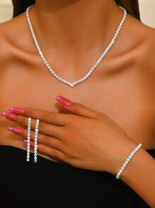 Conjunto de joyas de 5 piezas con collar, pendientes, anillo y pulsera con destellos de cristal rhinestone, adecuado para vestidos elegantes de verano de señoras, con variedad de estilos y colores para elegir