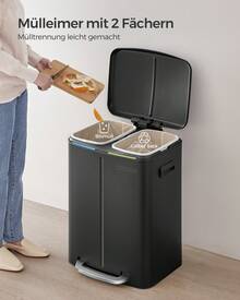 Mülleimer Küche, 2 x 20 L, Mülltrennsystem 2 Fächer, Abfalleimer Metall, Treteimer, Inneneimer aus Kunststoff, Softclose-Deckel, mit Griffen, geruchsdicht - Schwarz - Übersicht 1