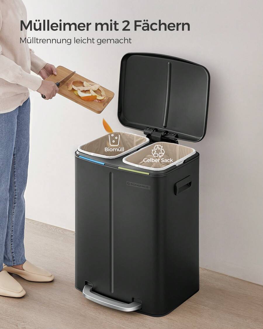Mülleimer Küche, 2 x 20 L, Mülltrennsystem 2 Fächer, Abfalleimer Metall, Treteimer, Inneneimer aus Kunststoff, Softclose-Deckel, mit Griffen, geruchsdicht - Schwarz - Übersicht 1