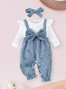 Cute Baby Girls Long Sleeve Romper Featuring Floral Print – Fake Two Pieces Patchwork Bow Jumpsuits  Adorable Headband Set – A Must-Have For Every Wardrobe