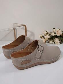 2025 Vintage Fashion Versatile Round Toe Leather-Coated Platform Thick Bottom Hook & Loop Slip-On Wedge Heels Shoes For Women, Extremely Lightweight - Khaki - View 4