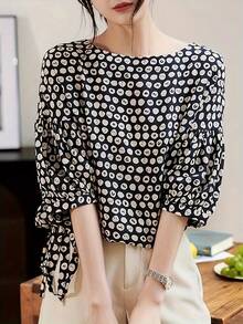 Luźny krój, damska koszulka z okrągłym dekoltem i ściągaczem w pasie, z nadrukiem kwiatowym - luźny krój, poliester, kwiatowy wzór, idealna na wiosnę i lato, do noszenia na zewnątrz|Koszula|Koszula z nadrukiem, koszula damska