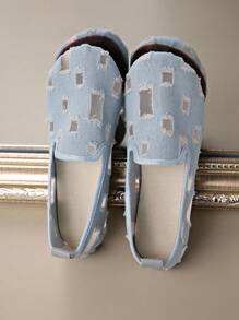 Sapatos Casuais de Denim de Cor Sólida para Mulheres, Sapatos Respiráveis e Antiderrapantes de Bico Redondo, Sapatos Planos Clássicos Vazados para Mulheres, Sapatos Casuais de Cano Baixo com Capuz de Cor Sólida, Sapatos Confortáveis para Mulheres, Sapatos para Uso Externo